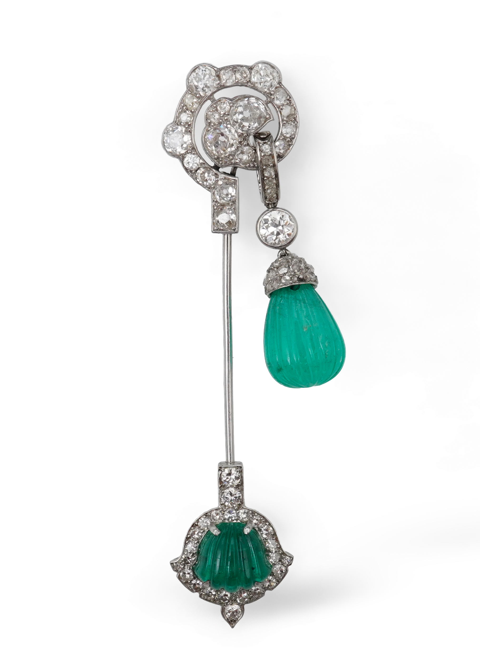 A fine Art Deco carved emerald and diamond jabot pin, circa 1925